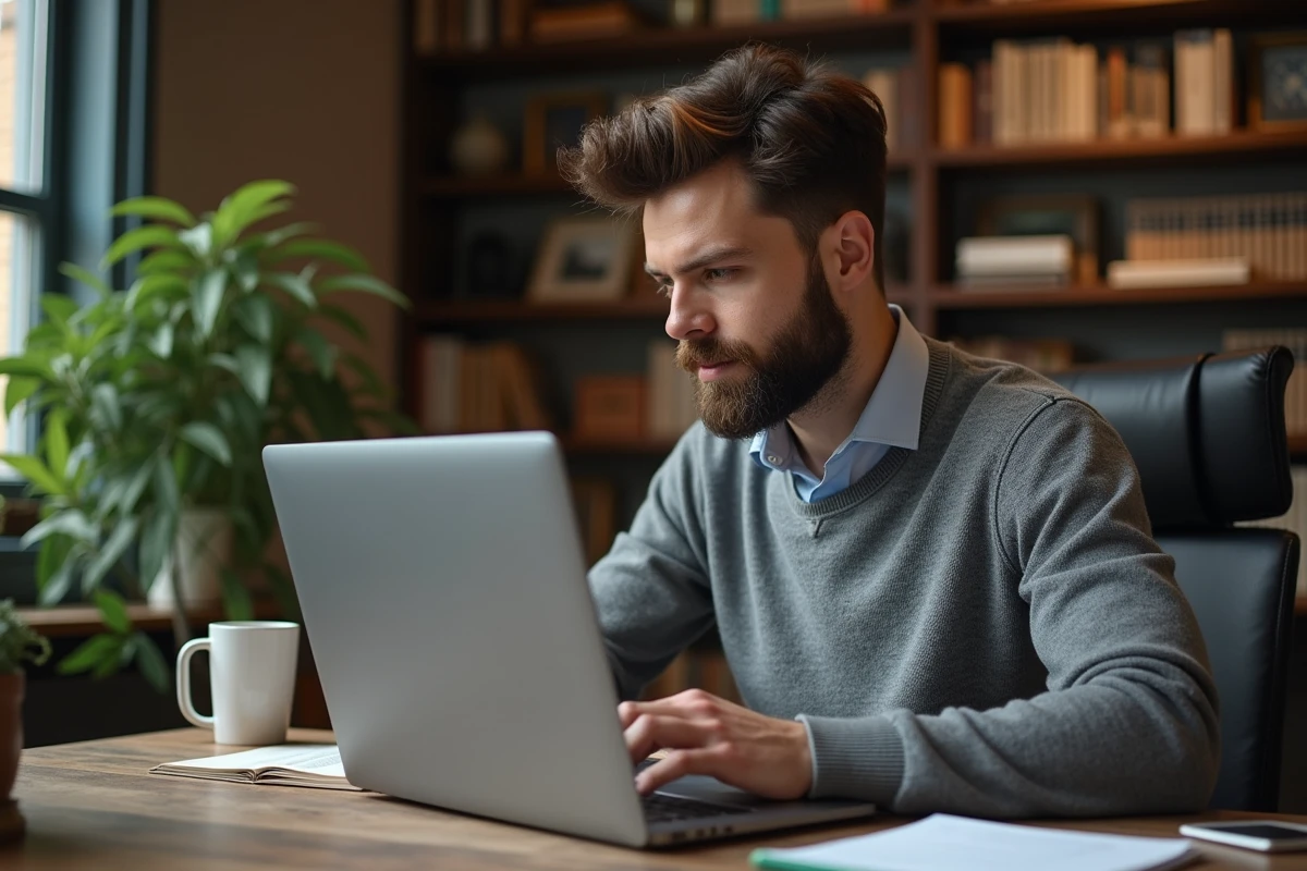 Homme barbu tapant une lettre de recommandation &agrave; son bureau