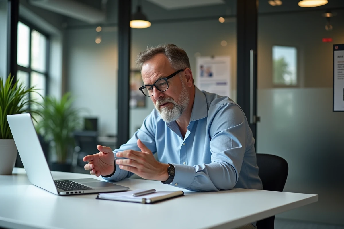 Homme d age moyen expliquant une solution informatique