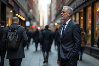 Homme d'âge moyen en costume dans la ville animée
