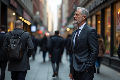 Homme d'âge moyen en costume dans la ville animée