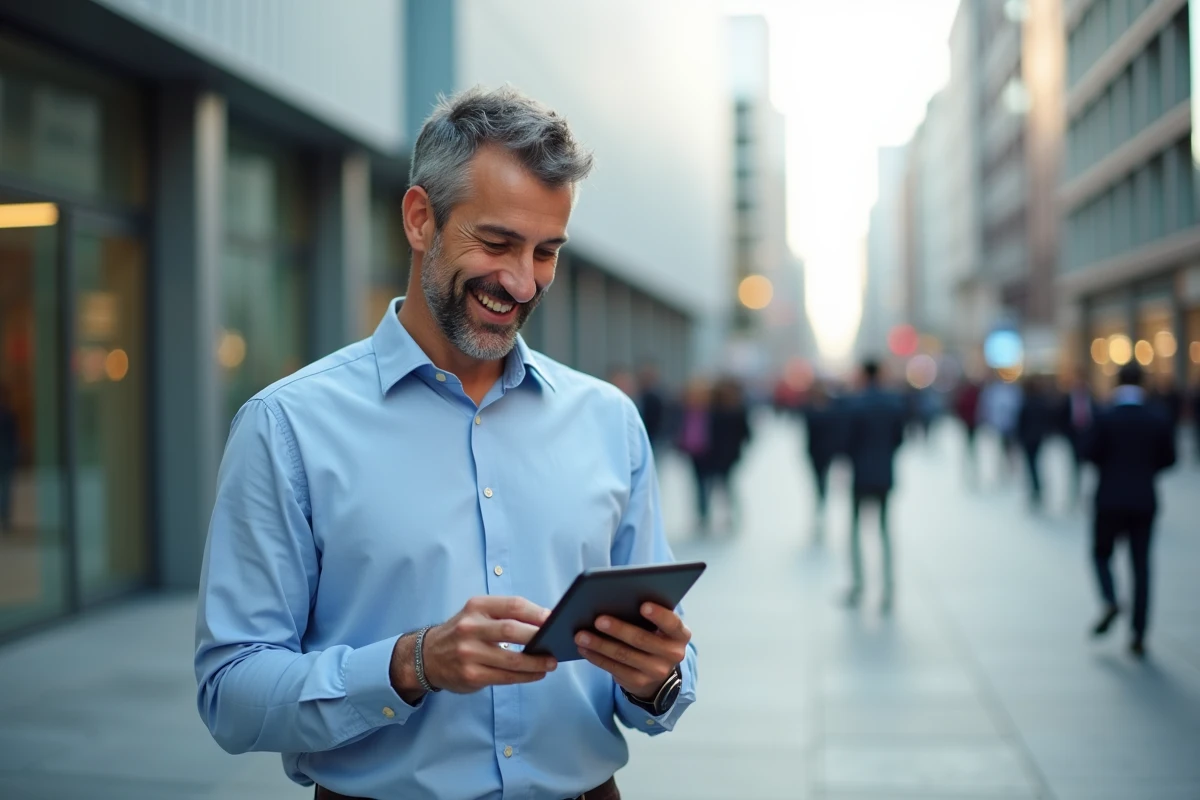 Homme dans la ville utilisant une tablette pour accéder a un portail mobile