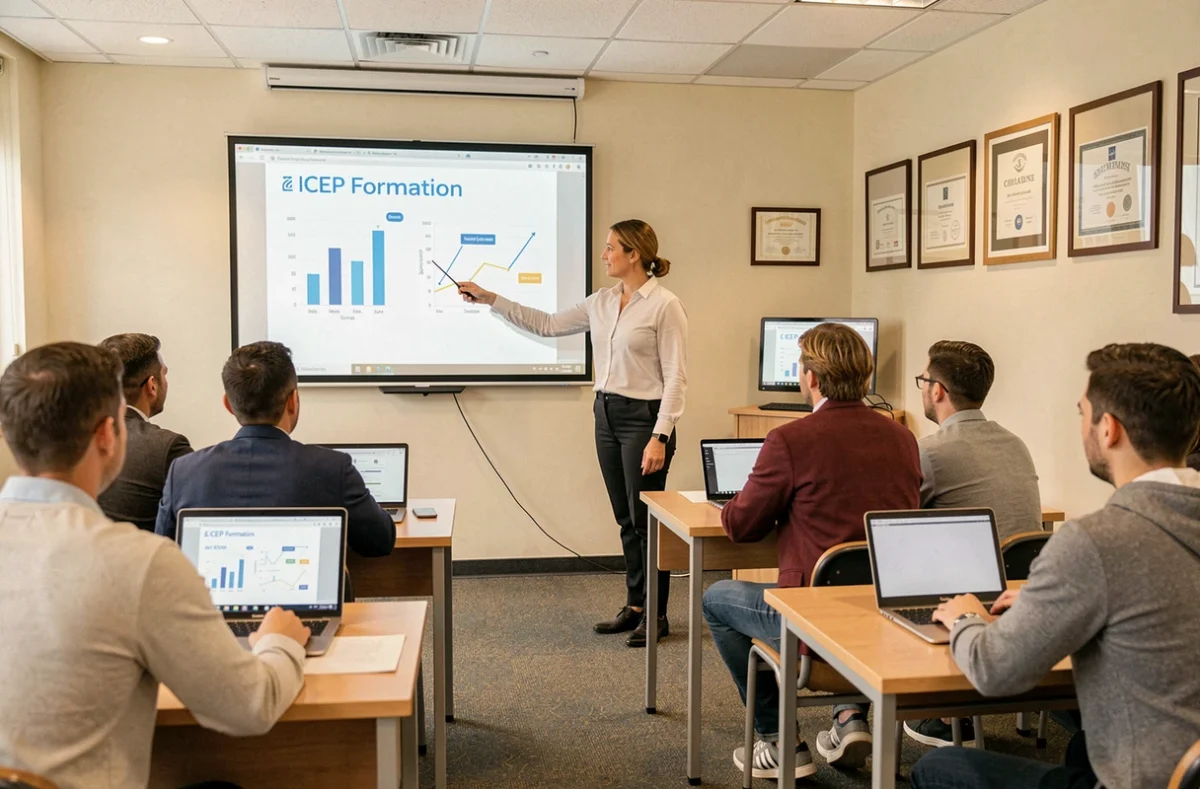 Formatrice animant un cours de management dans une salle de l'ICEP Formation