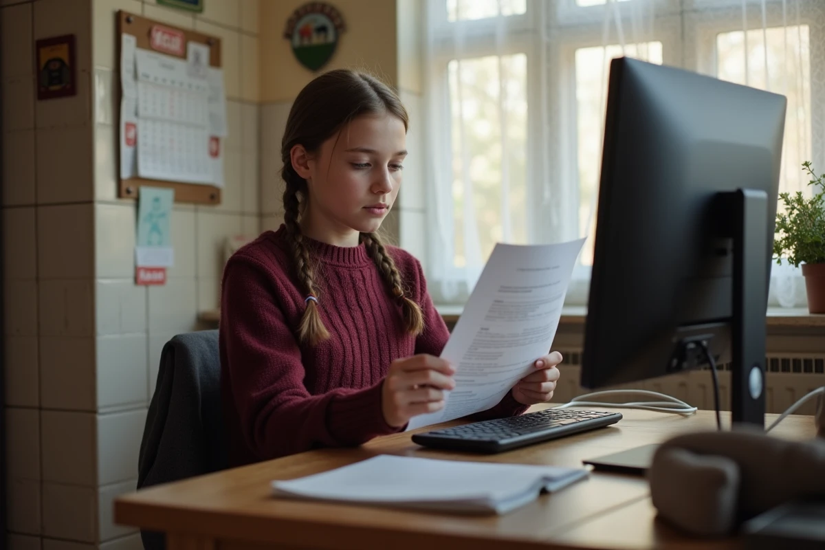 Adolescente récupérant ses identifiants ENT collège depuis son domicile avec un document scolaire