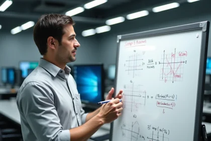 Ingénieur en automatisme expliquant l'inversion d'une matrice 2x2 sur tableau blanc dans un laboratoire de contrôle
