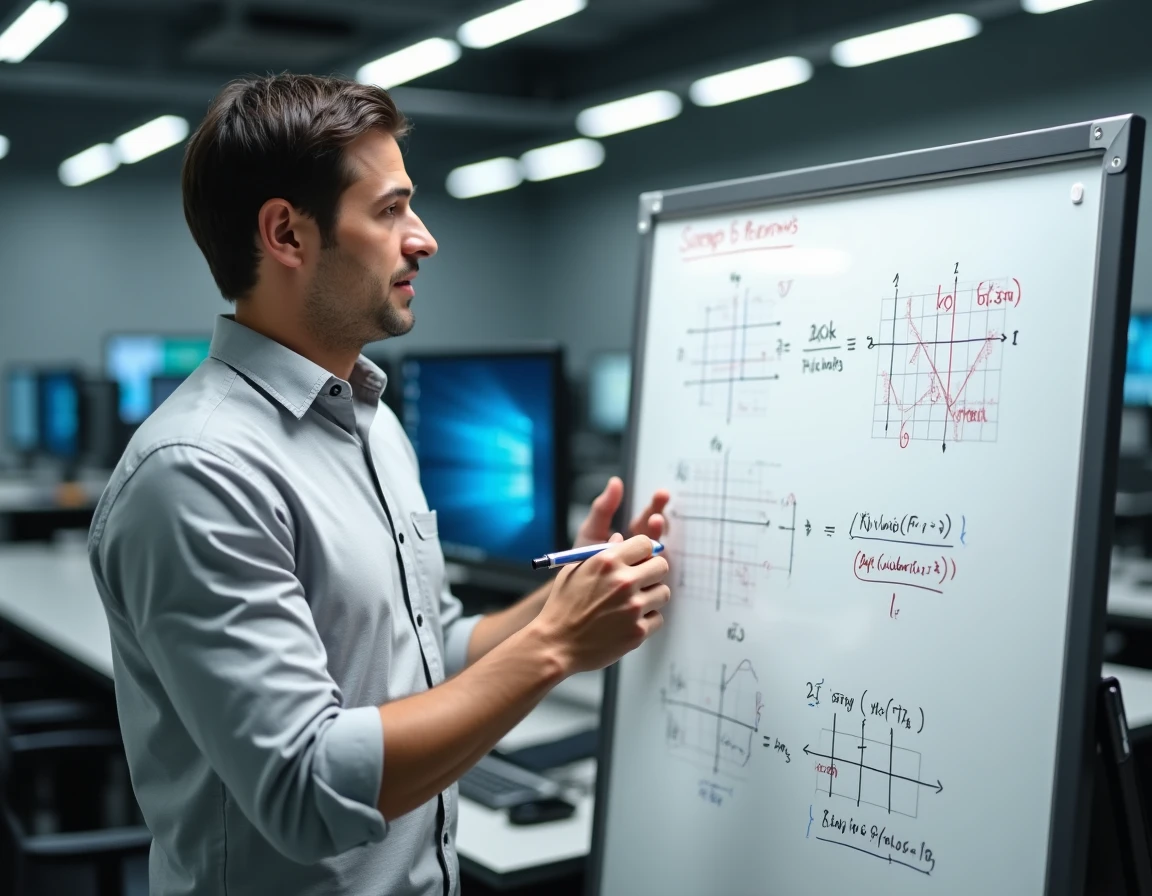 Ingénieur en automatisme expliquant l'inversion d'une matrice 2x2 sur tableau blanc dans un laboratoire de contrôle