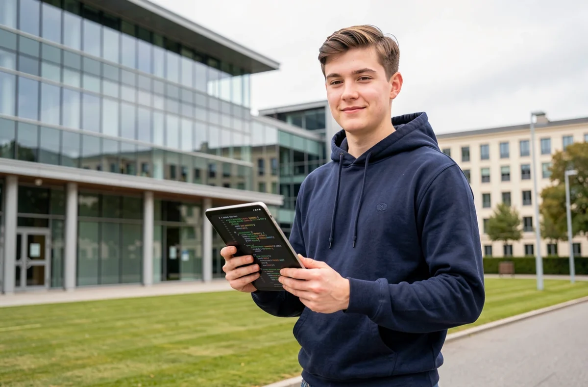 Étudiant en génie informatique devant le campus moderne de l'INSA Rouen Normandie