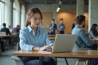 Jeune femme remplissant un formulaire d'inscription en alternance sur un ordinateur portable dans un campus universitaire moderne