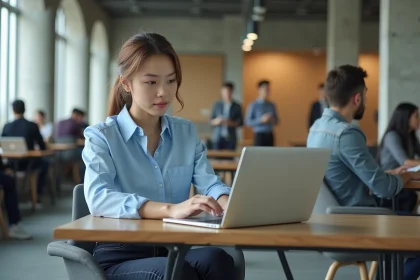 Jeune femme remplissant un formulaire d'inscription en alternance sur un ordinateur portable dans un campus universitaire moderne