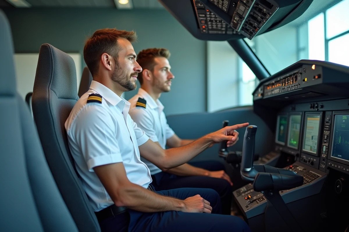Instructeur aéronautique et étudiant en formation sur simulateur de vol dans une salle de cours professionnelle, représentant l'enseignement pratique à la MFJA