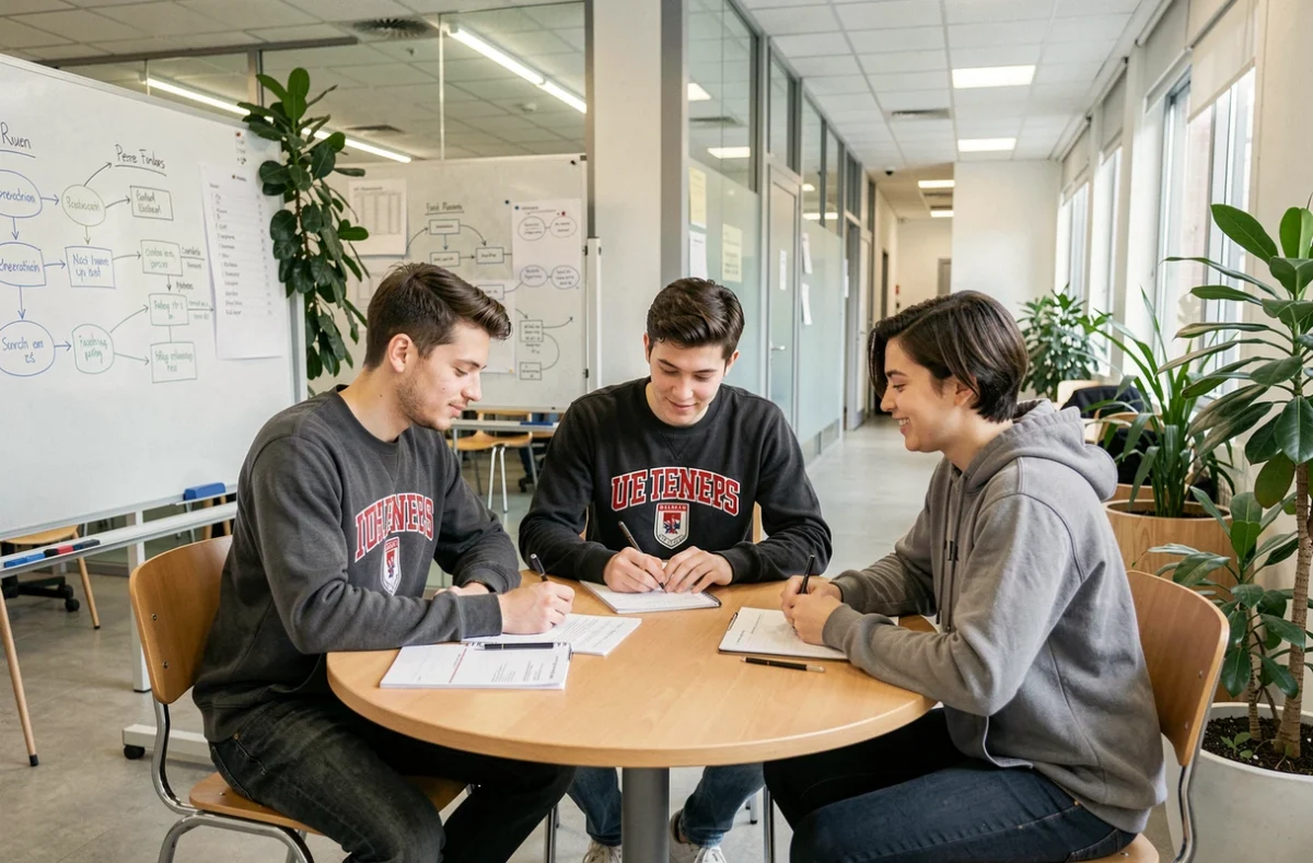 Groupe d'étudiants en informatique travaillant ensemble dans une salle de projet de l'IUT de Rouen