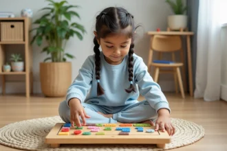 Jeune fille apprenant les tables de multiplication avec un jeu Montessori en bois sur le sol