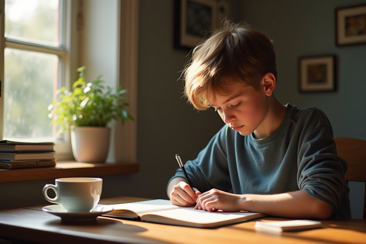 Jeune adulte écrivant dans un journal en lumière naturelle