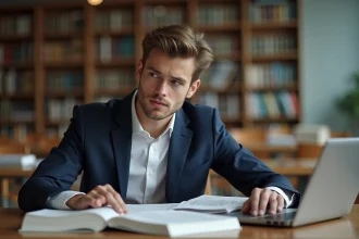 Étudiant en finance en bibliothèque universitaire