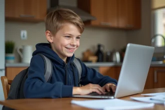 Jeune coll&eacute;gien souriant avec ordinateur &agrave; la maison