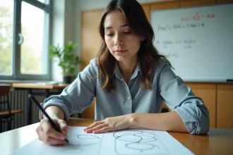Jeune femme en classe universitaire annotant un diagramme