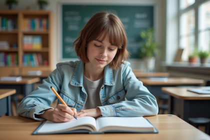 Jeune femme en classe écrivant dans un cahier de français