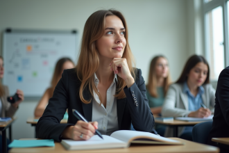 Jeune femme attentive en classe avec carnet et stylo