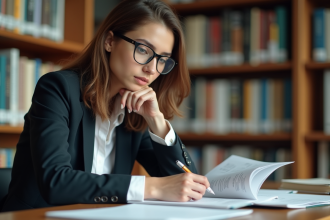 Jeune femme en bibliothèque universitaire en train de prendre des notes