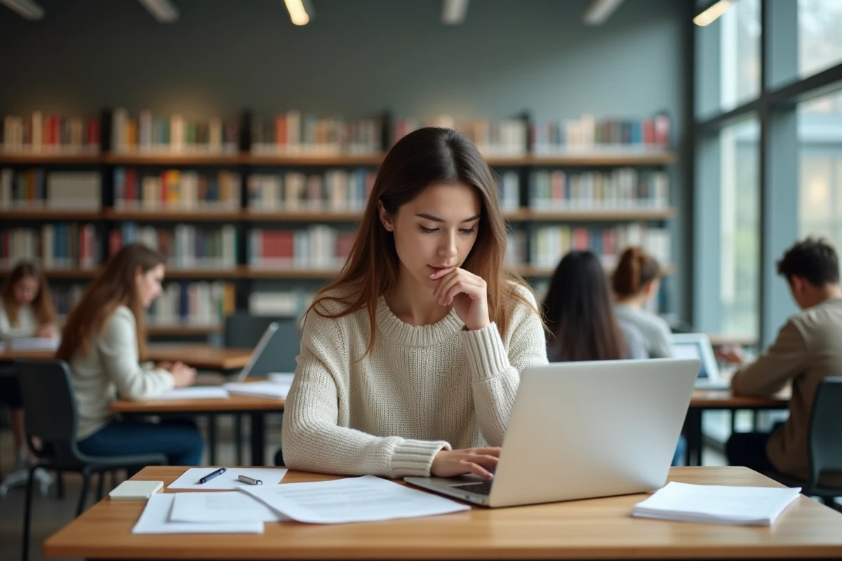 Jeune femme concentrée sur son ordinateur dans une bibliothèque universitaire