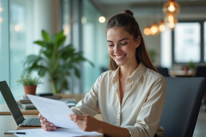 Jeune femme au bureau moderne en blouse et pantalon