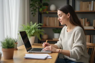 Jeune femme concentrée travaillant à son bureau à domicile