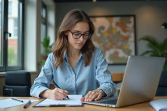 Jeune femme en bureau prenant des notes sur un clipboard