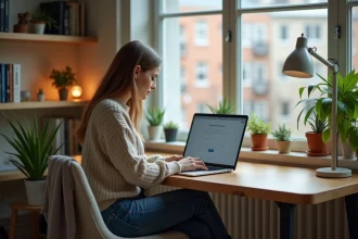 Jeune femme en bureau cosy prépare son ordinateur pour inscription