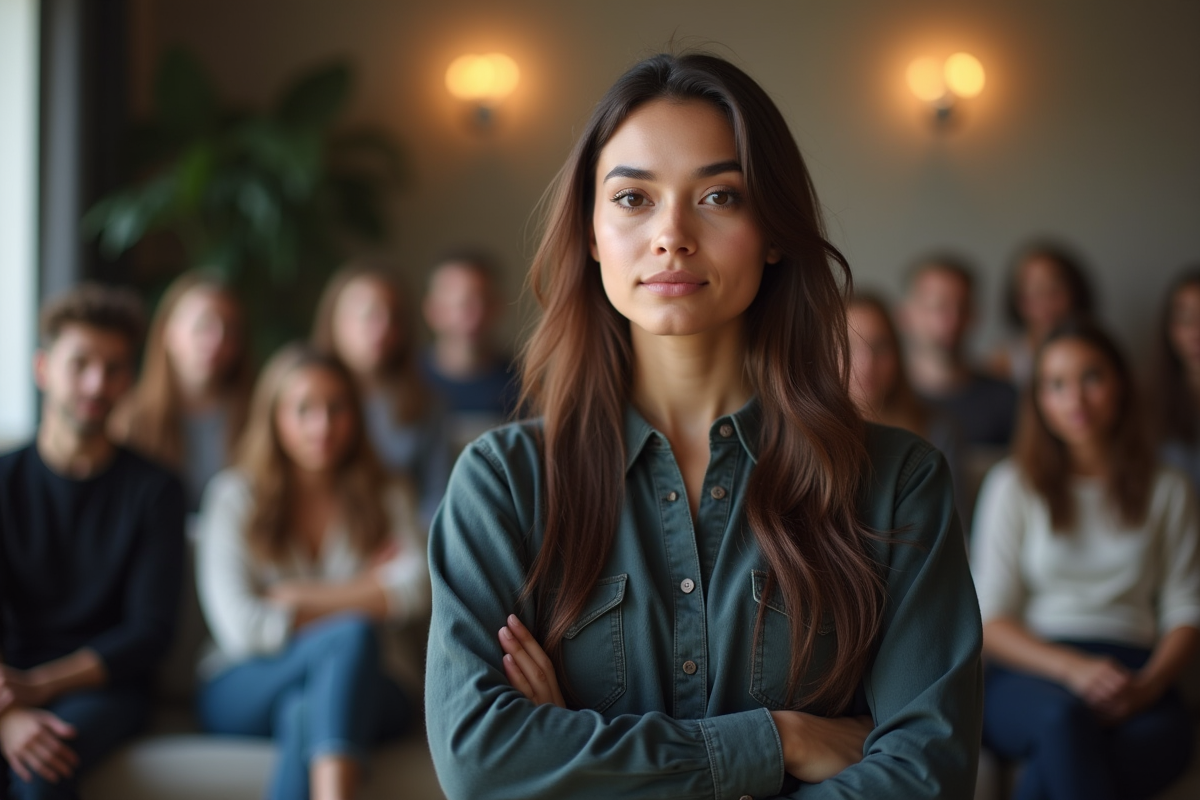 Jeune femme confiante face au panneau de casting en lumière naturelle