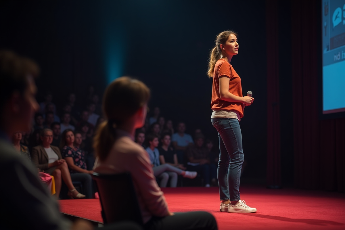 Jeune femme confiante parlant en public sur scène