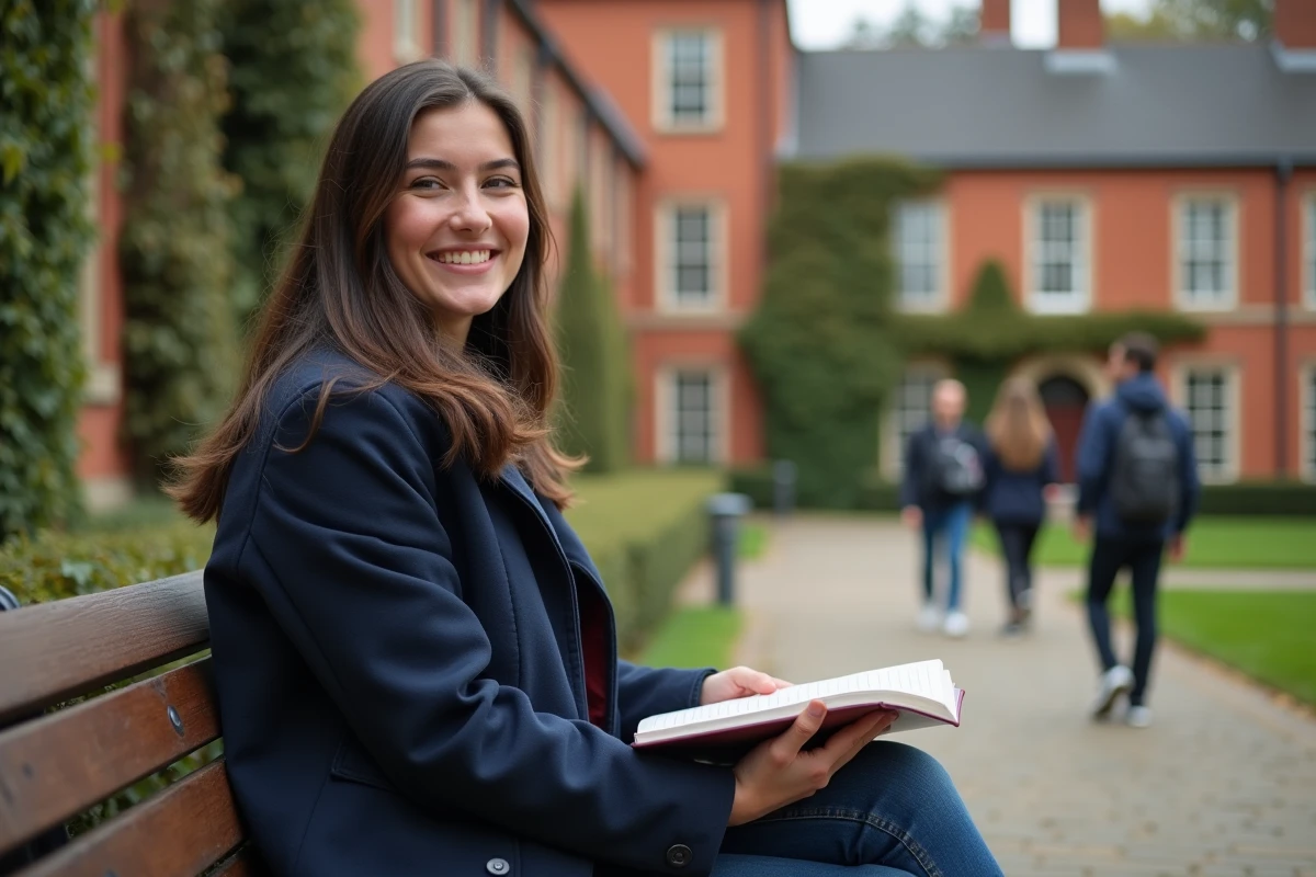 Jeune femme en cour d'université avec carnet et sourire naturel