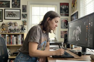 Jeune femme en studio créatif sculptant un creature digitale