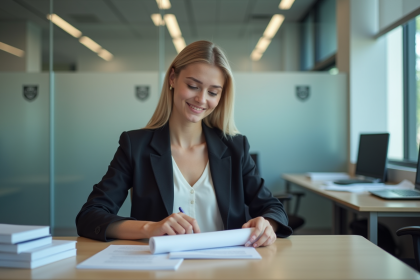 Jeune femme en bureau universitaire examine un dipl&ocirc;me