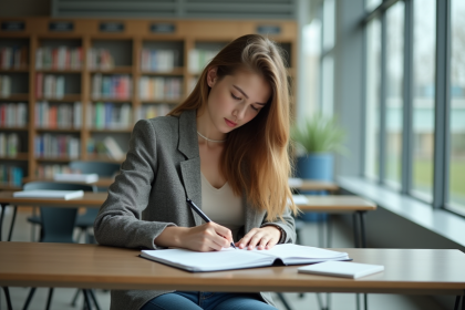 Jeune femme en bibliothèque universitaire en pleine réflexion