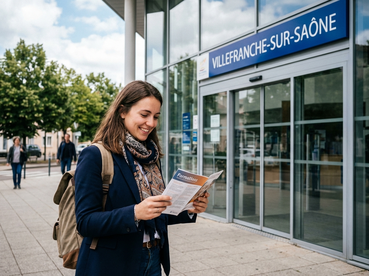 Jeune femme souriante avec brochure formations à Villefranche