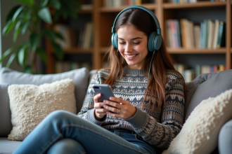 Jeune femme écoutant un podcast dans un salon cosy