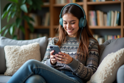 Jeune femme écoutant un podcast dans un salon cosy