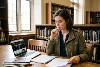 Jeune femme consultant des brochures d'écoles de cinéma dans une bibliothèque universitaire, entourée de scripts et d'un ordinateur portable