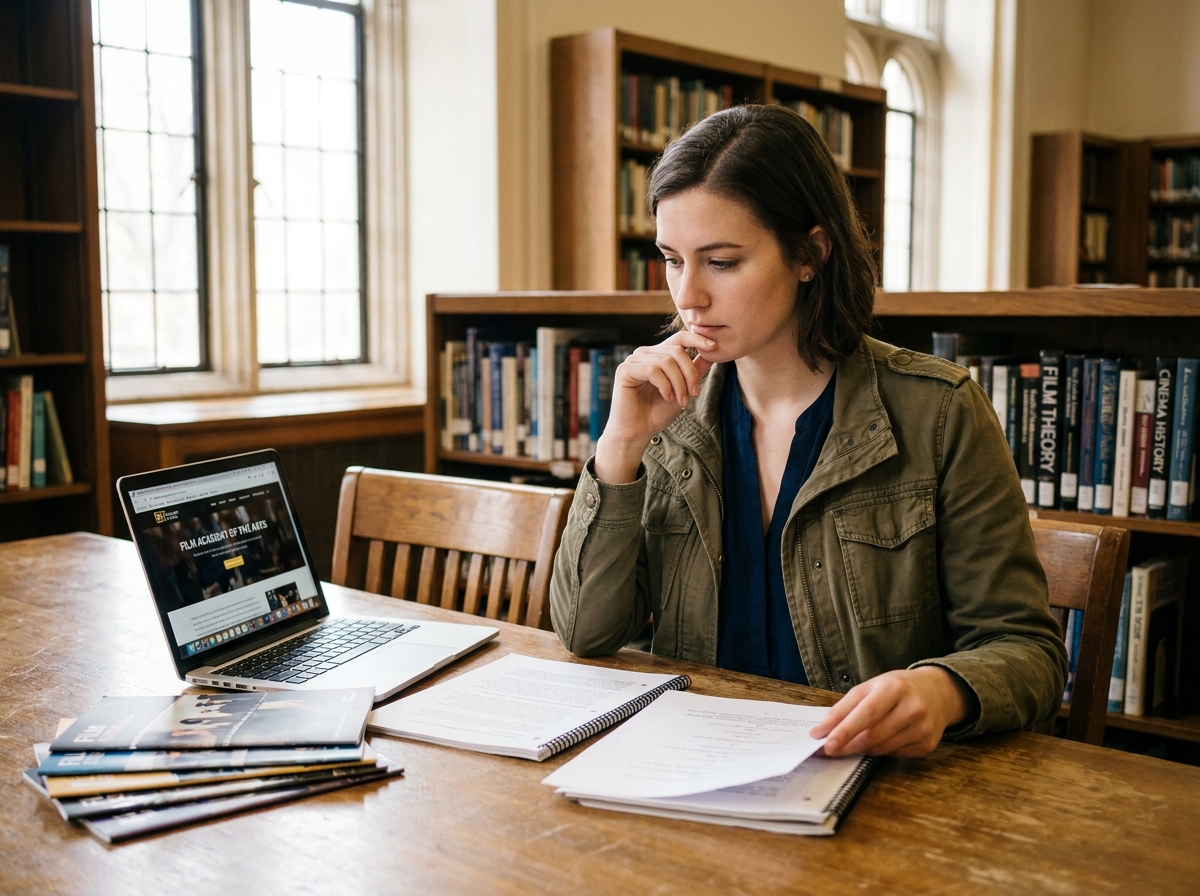 Jeune femme consultant des brochures d'écoles de cinéma dans une bibliothèque universitaire, entourée de scripts et d'un ordinateur portable