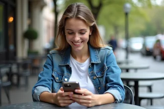 Jeune femme souriante avec smartphone en extérieur