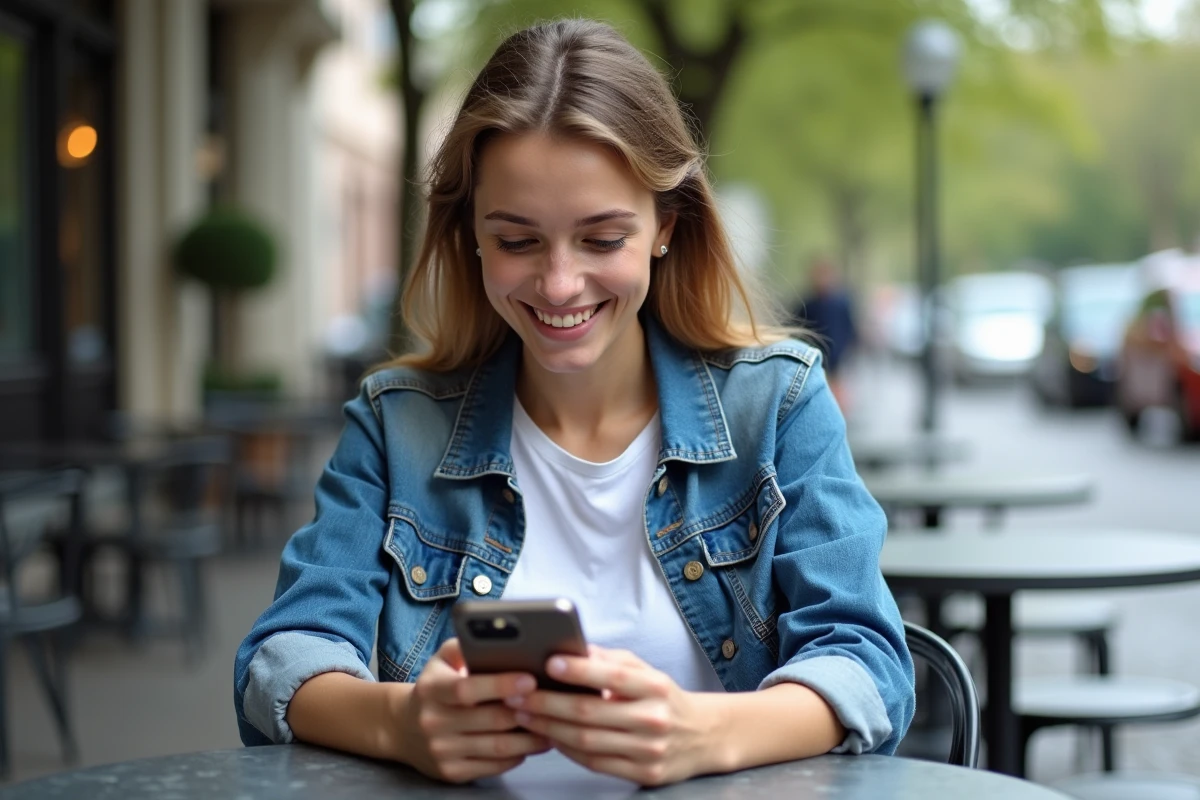 Jeune femme souriante avec smartphone en extérieur