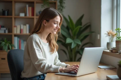 Jeune femme en t&eacute;l&eacute;travail concentr&eacute;e sur son ordinateur &agrave; la maison