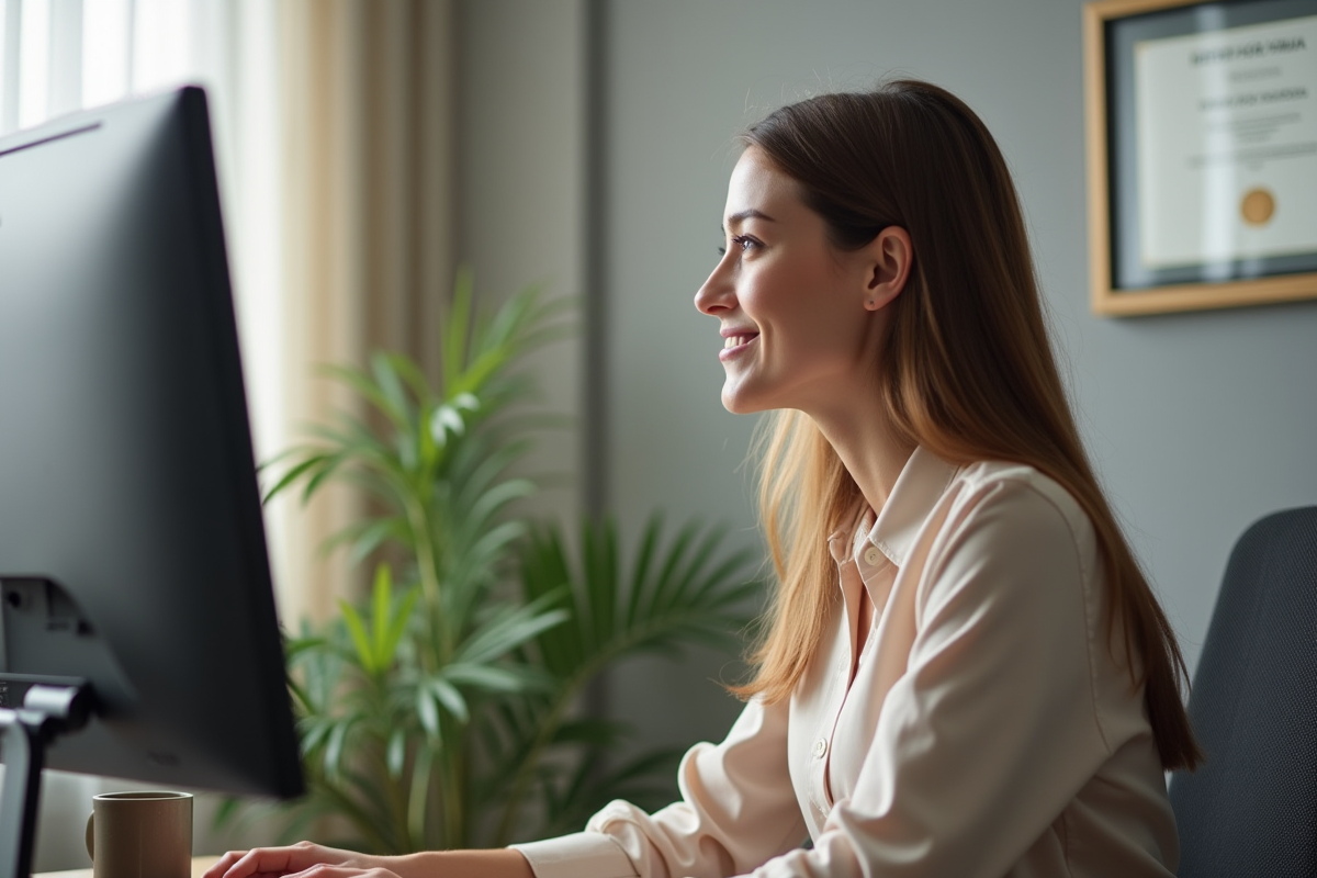 Jeune femme souriante travaillant à domicile avec certificat