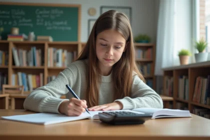 Jeune fille de 13 ans en classe avec calculatrice et cahier