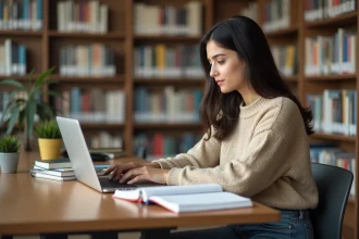 Jeune femme &eacute;tudiante &agrave; la biblioth&egrave;que en &eacute;tude