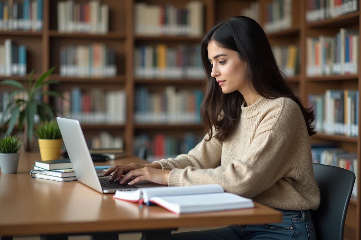 Jeune femme étudiante à la bibliothèque en étude