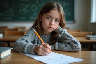 Jeune fille concentrée dessinant une tangente en classe