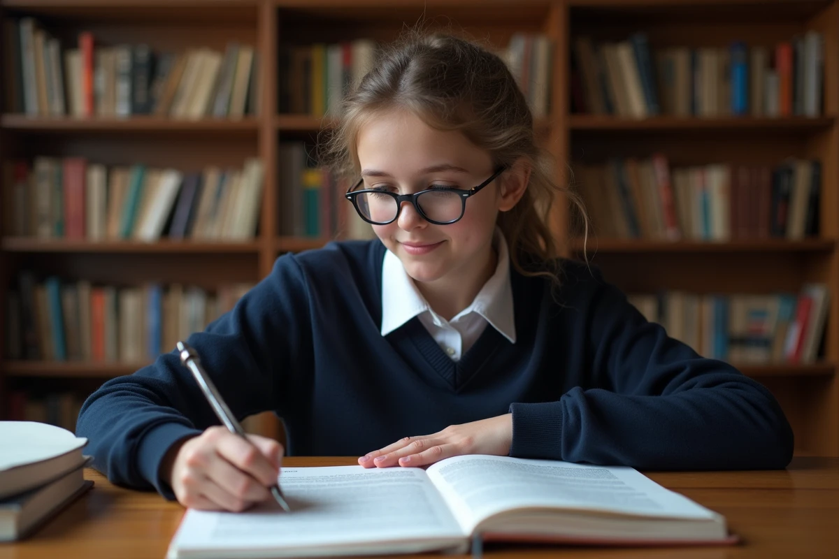Jeune fille en uniforme scolaire lisant et annotant un passage