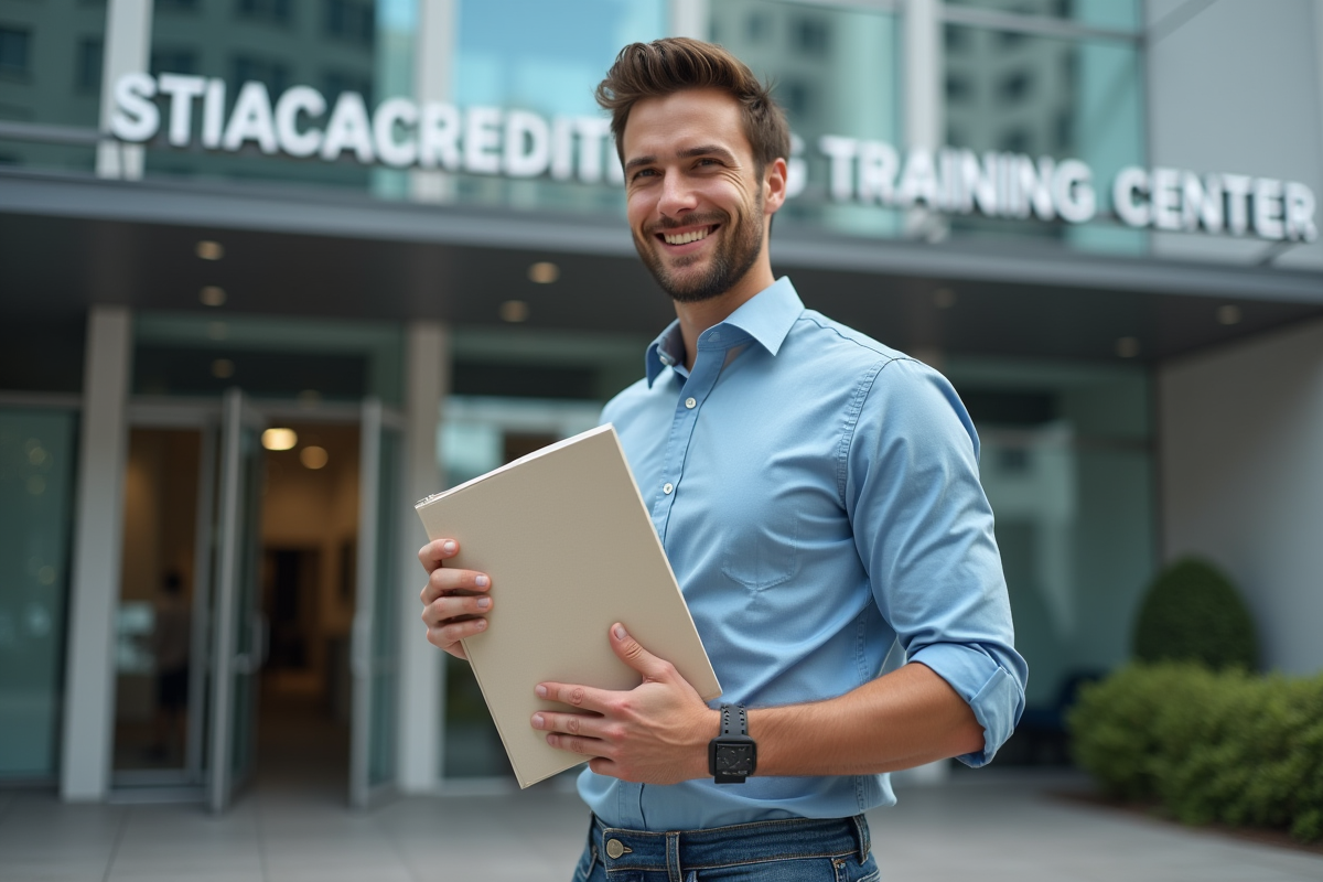 Jeune homme avec certificat devant centre de formation