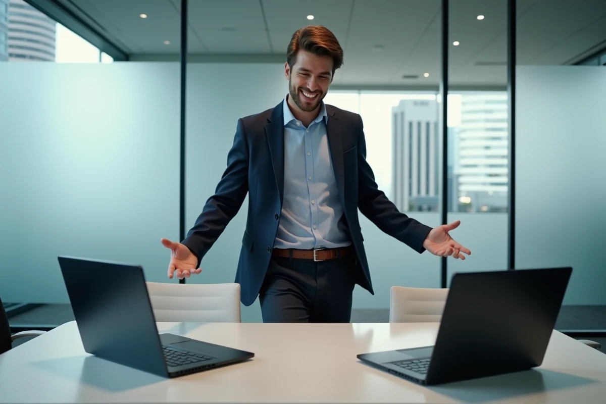 Jeune homme en r&eacute;union avec &eacute;crans d