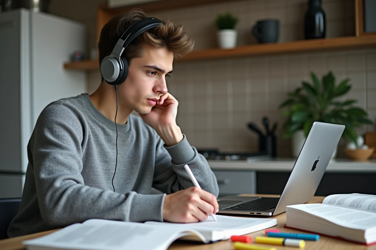 Jeune homme &eacute;tudiant dans une cuisine moderne avec livres ouverts